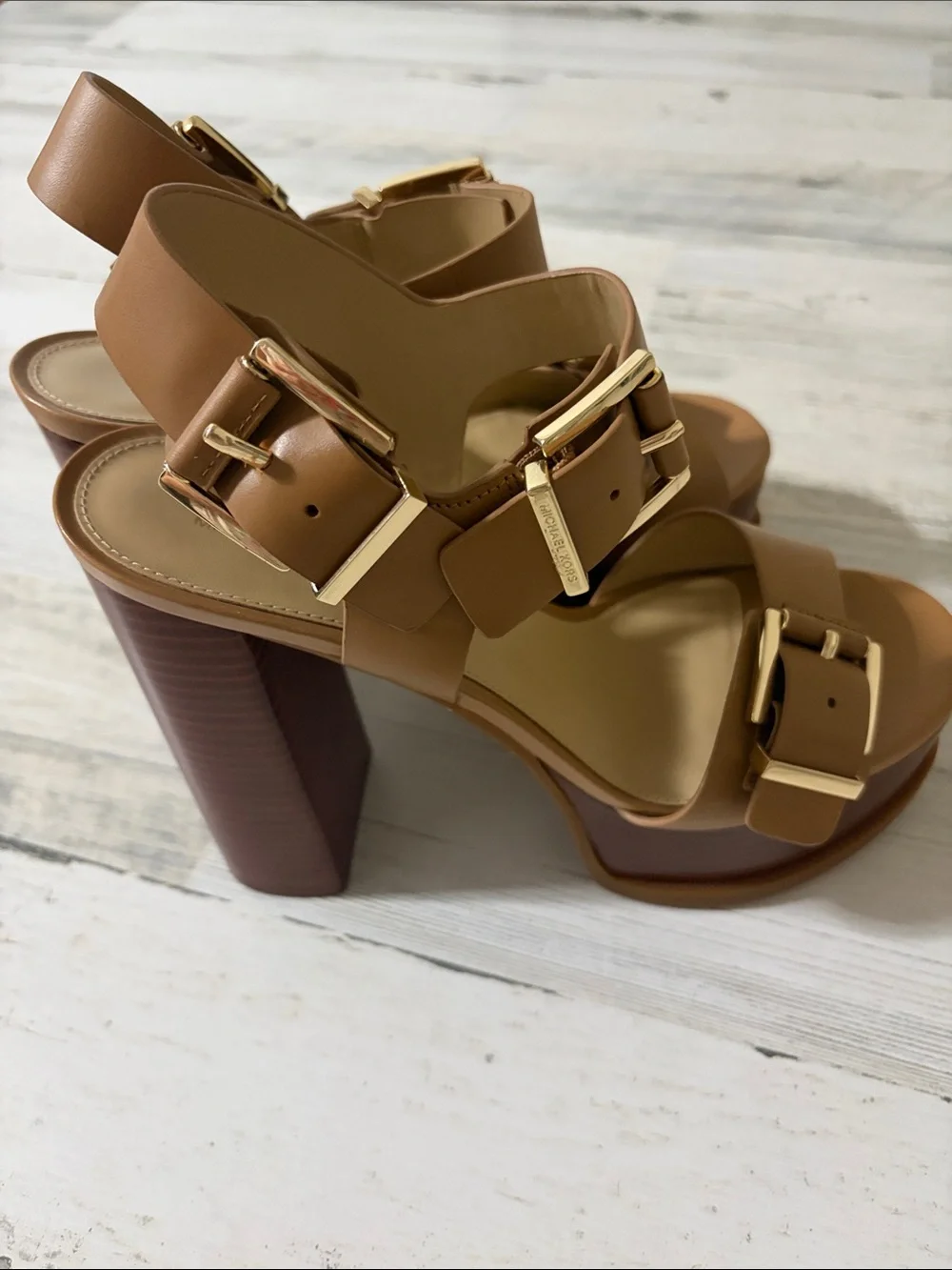 MICHAEL Michael Kors Tan Colby  Platform Block Heel Sandals with Gold Buckles